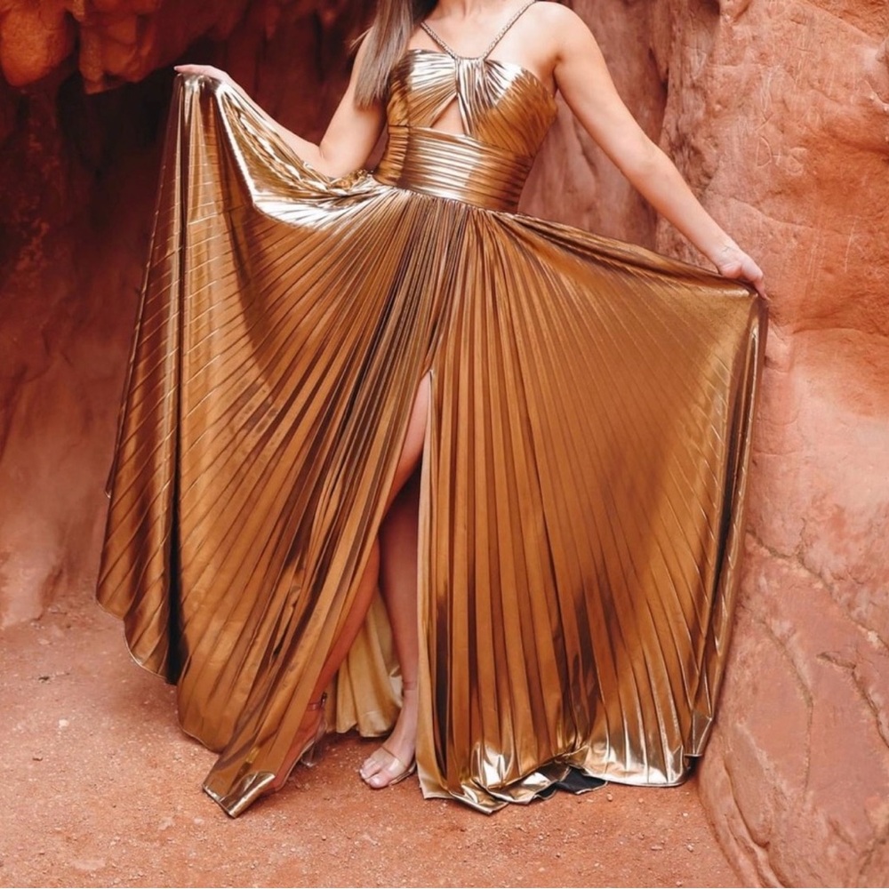 Sherri hill Gold Pleated Evening Gown